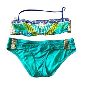 LIKE NEW! TURK SEYCHELLES PRINT BANDEAU TOP TEAL GREEN BIKINI BOTTOM GOLD TRIM 6